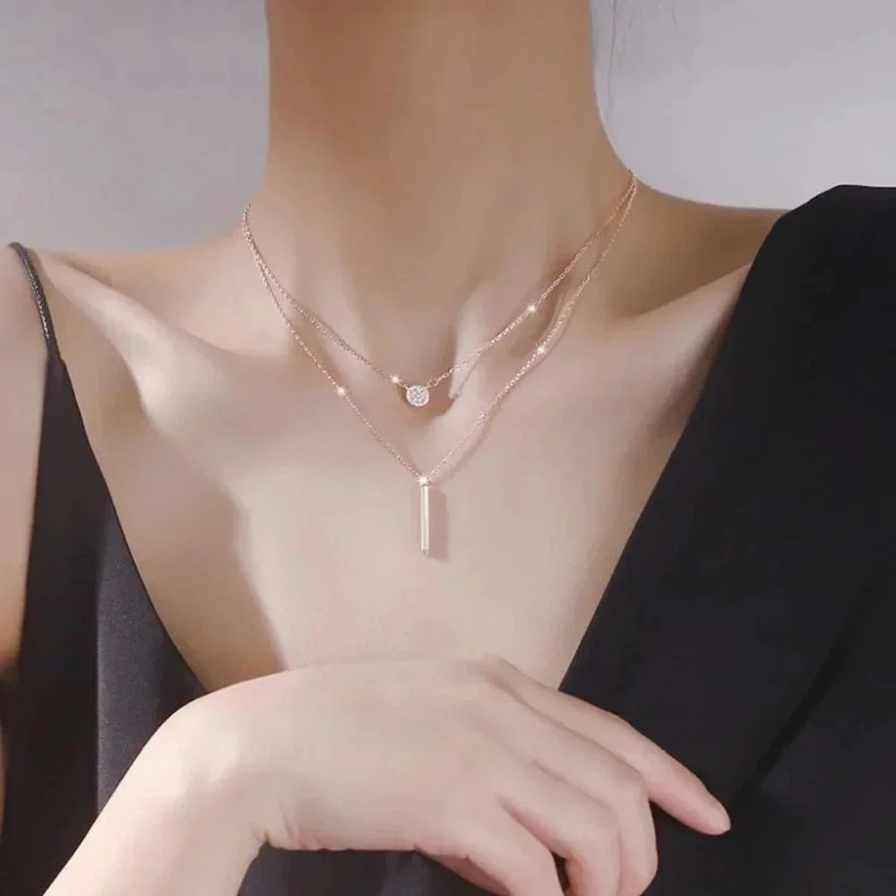S925 Sterling Silver Coin Bar Necklace Rose Gold